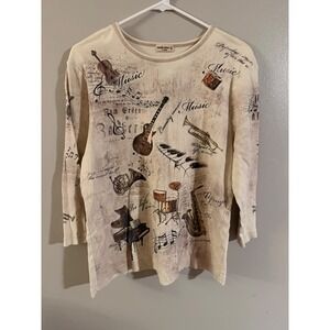 Studio G Q Womens XX Large Music Print Long Sleeve Top Shirt Beige Tan